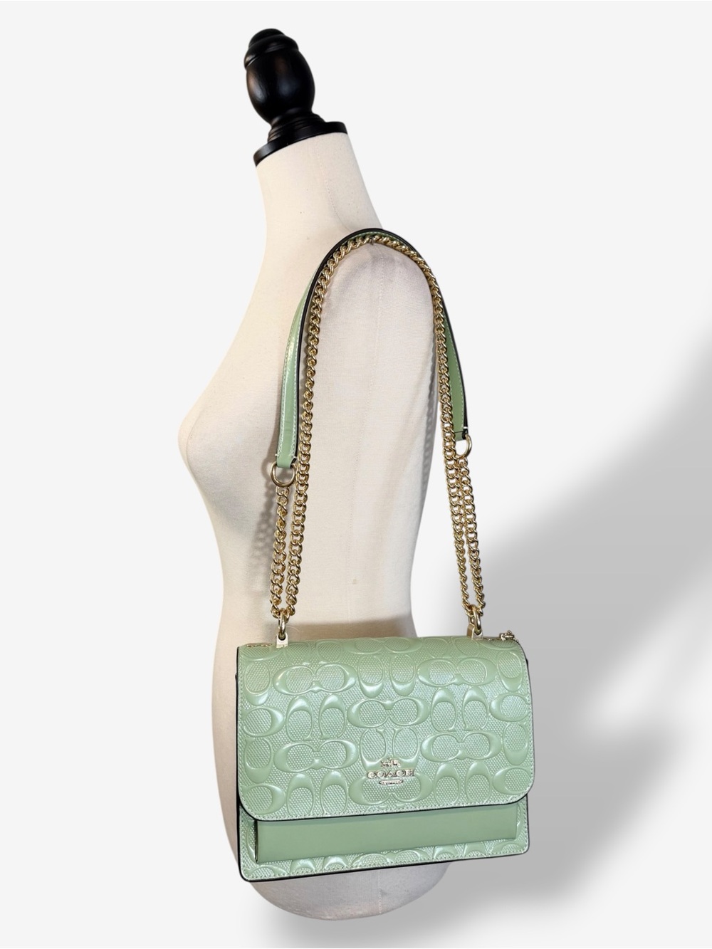 Coach Klare Crossbody Bag CDA97 Pale Green Signature Patent Leather Chain Strap